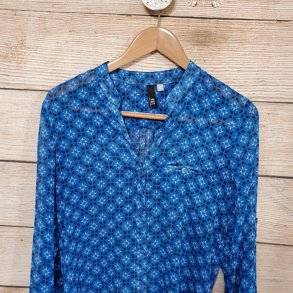 Kut From The Kloth Blue Sheer Long Sleeve Button Down Blouse Small - Picture 2 of 7